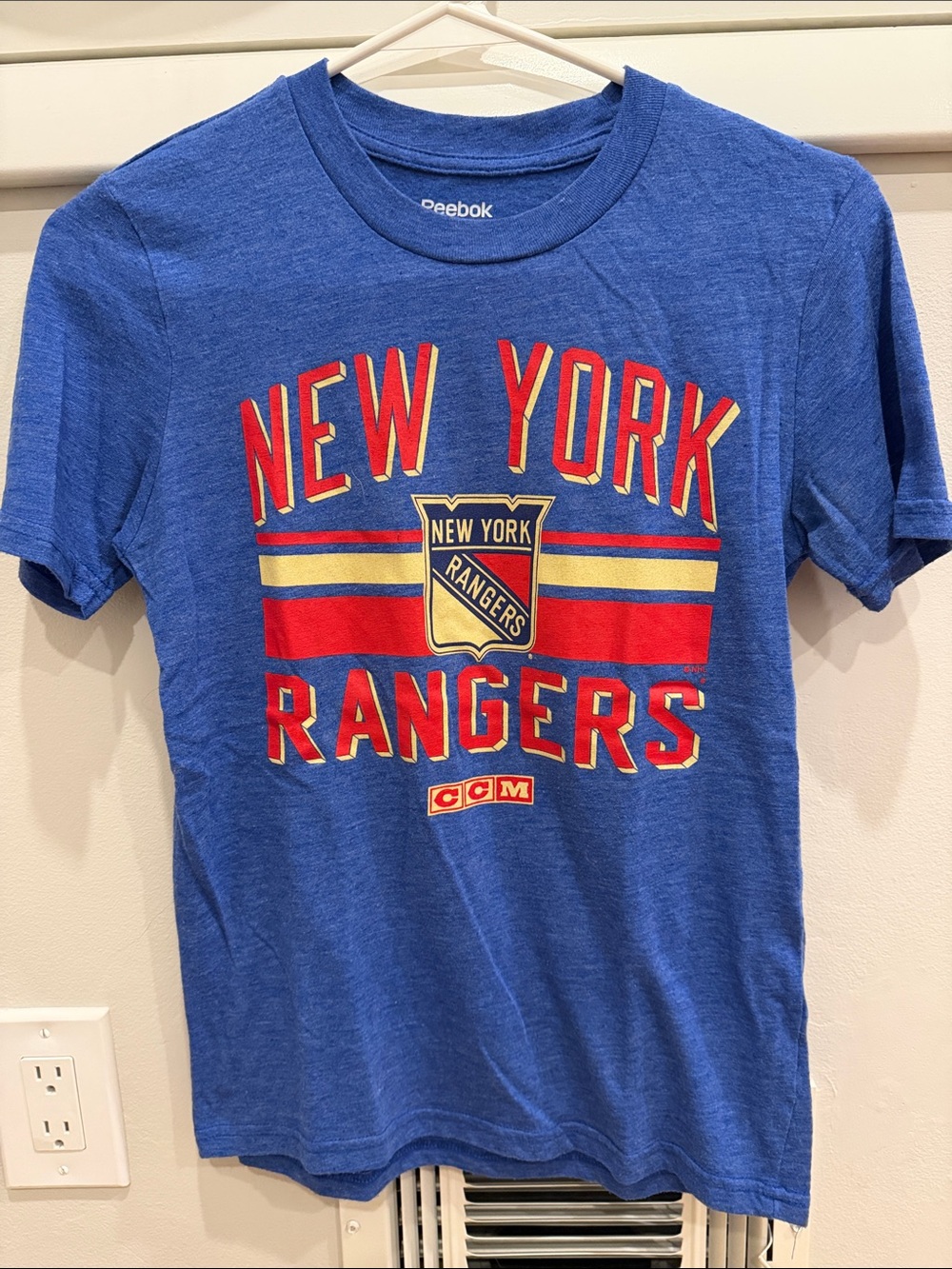 Reebok Blue New York Rangers Graphic Tee with Red & Gold Accents